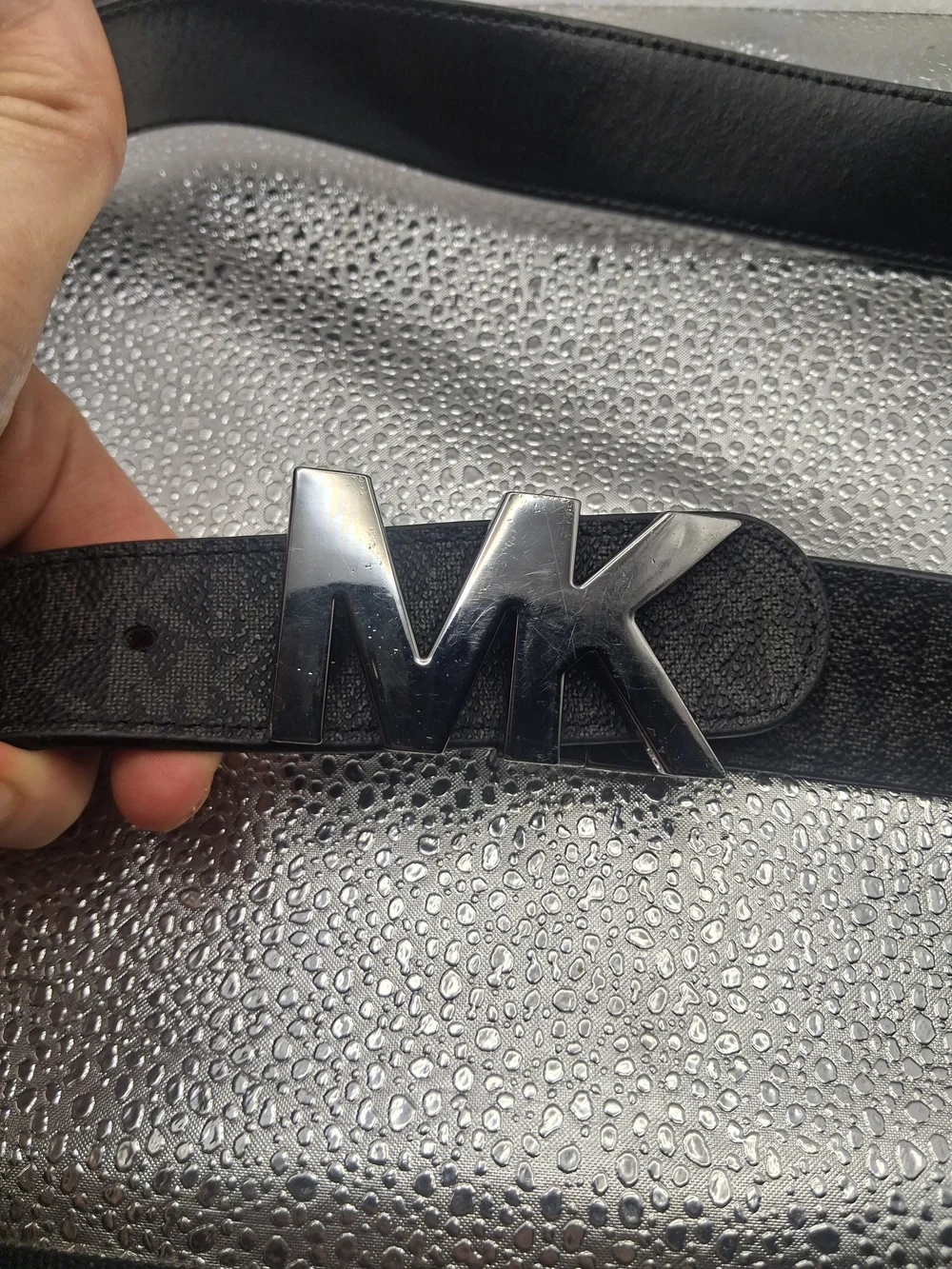 Michael Kors Black Leather Belt with MK Silver Buckle